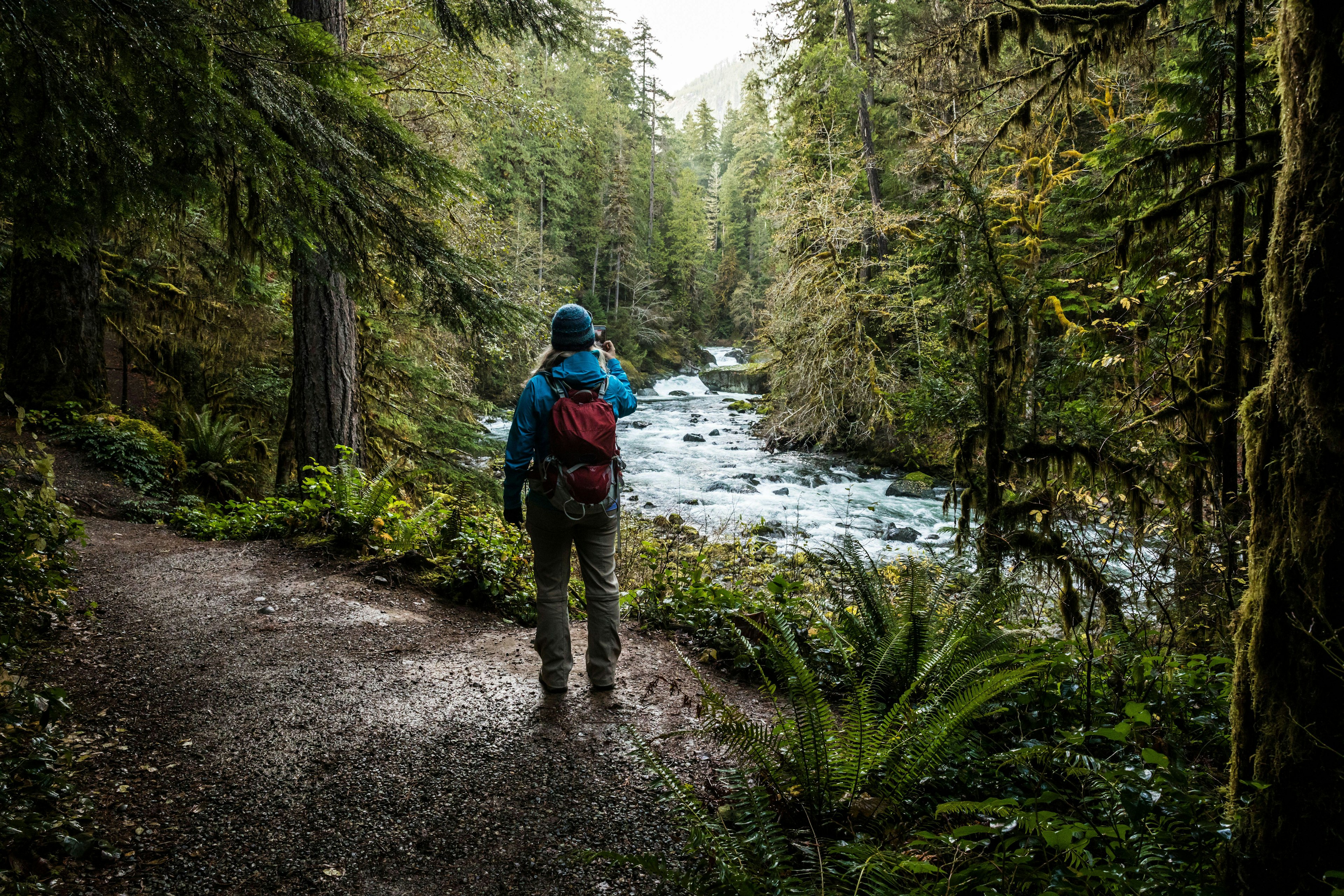 A woman taking pictures of the Skokomish river in the Staircase Rapids area of Olympic National Park, Washington, USA.