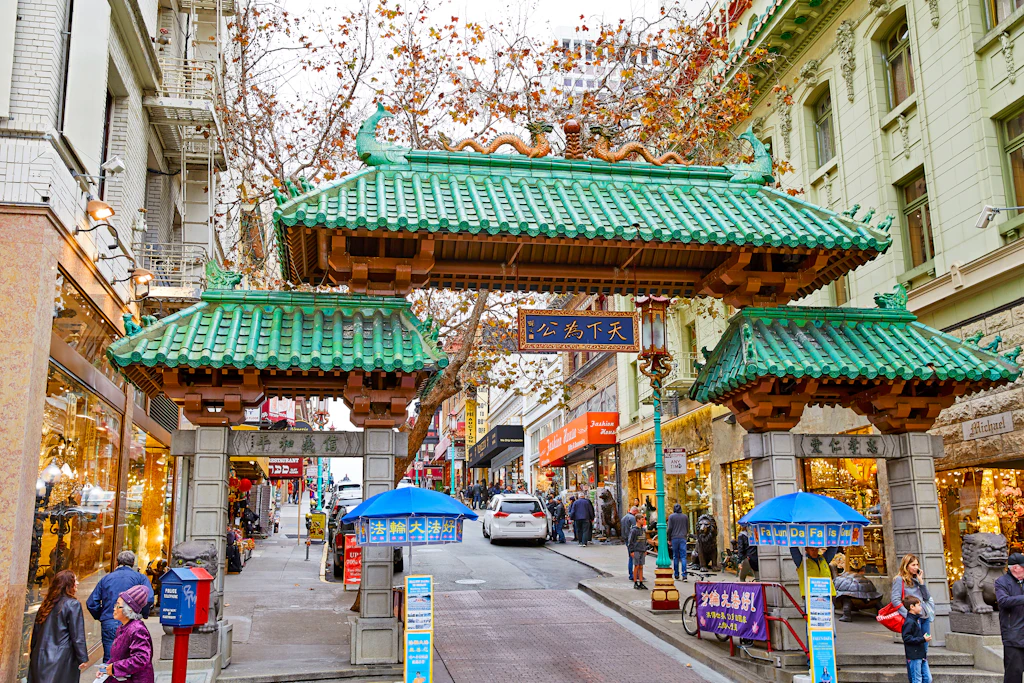 San Francisco, California, USA - December 15, 2018: Dragon Gate south entrance to Chinatown in San Francisco, California, USA. San Francisco, California, USA - December 15, 2018: Dragon Gate south entrance to Chinatown in San Francisco, California, USA.