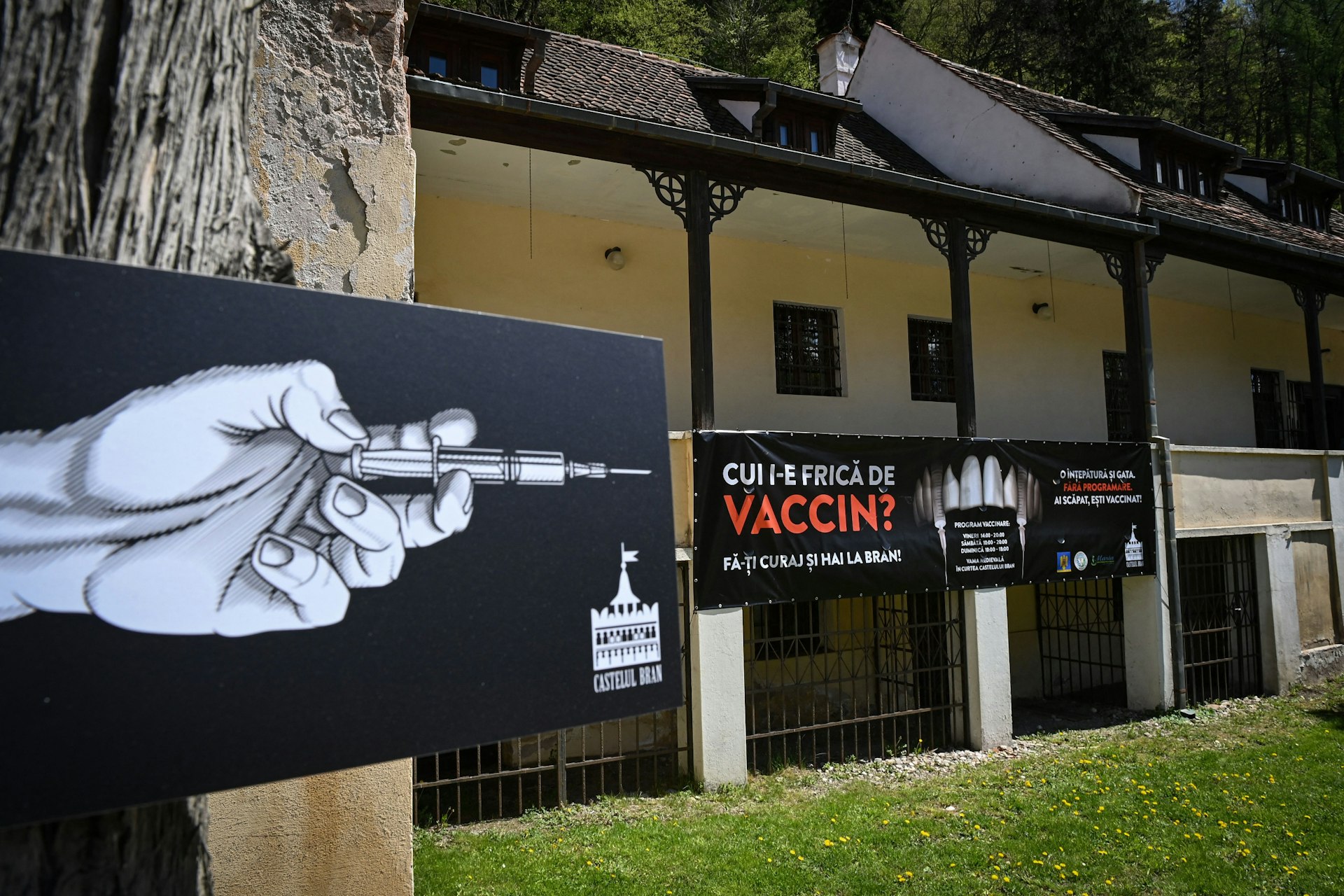 Signage at the vaccination center at Bran Castle vaccination center in Romania