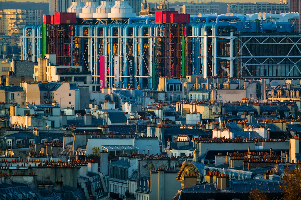 THe Centre Georges Pompidou, Paris, France Parisian rooftops in the foreground with Centre Georges Pompidou in the background