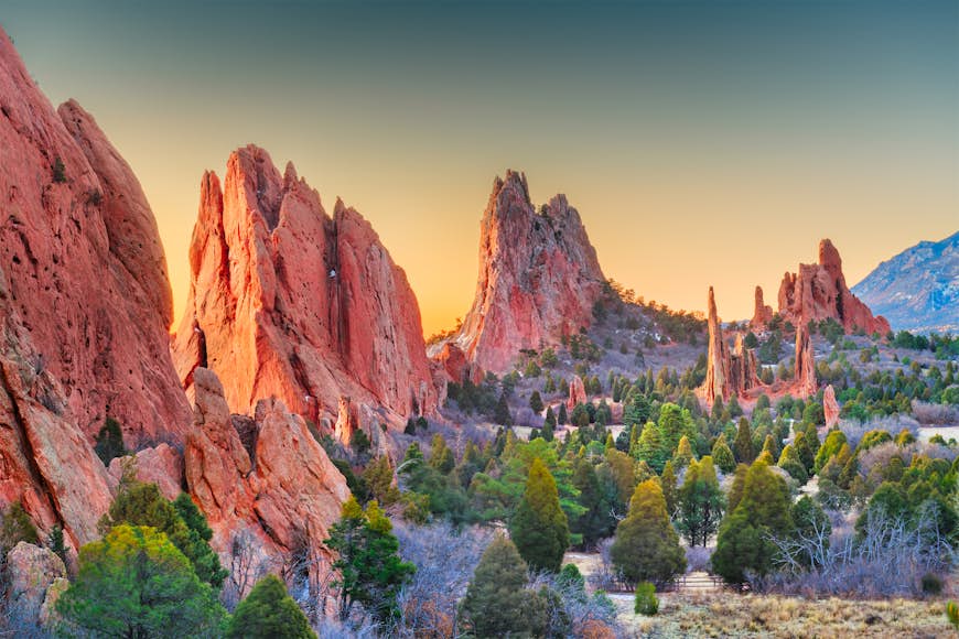 Sunset light on the red rock formations at Garden of the Gods, Colorado Springs, Colorado, USA