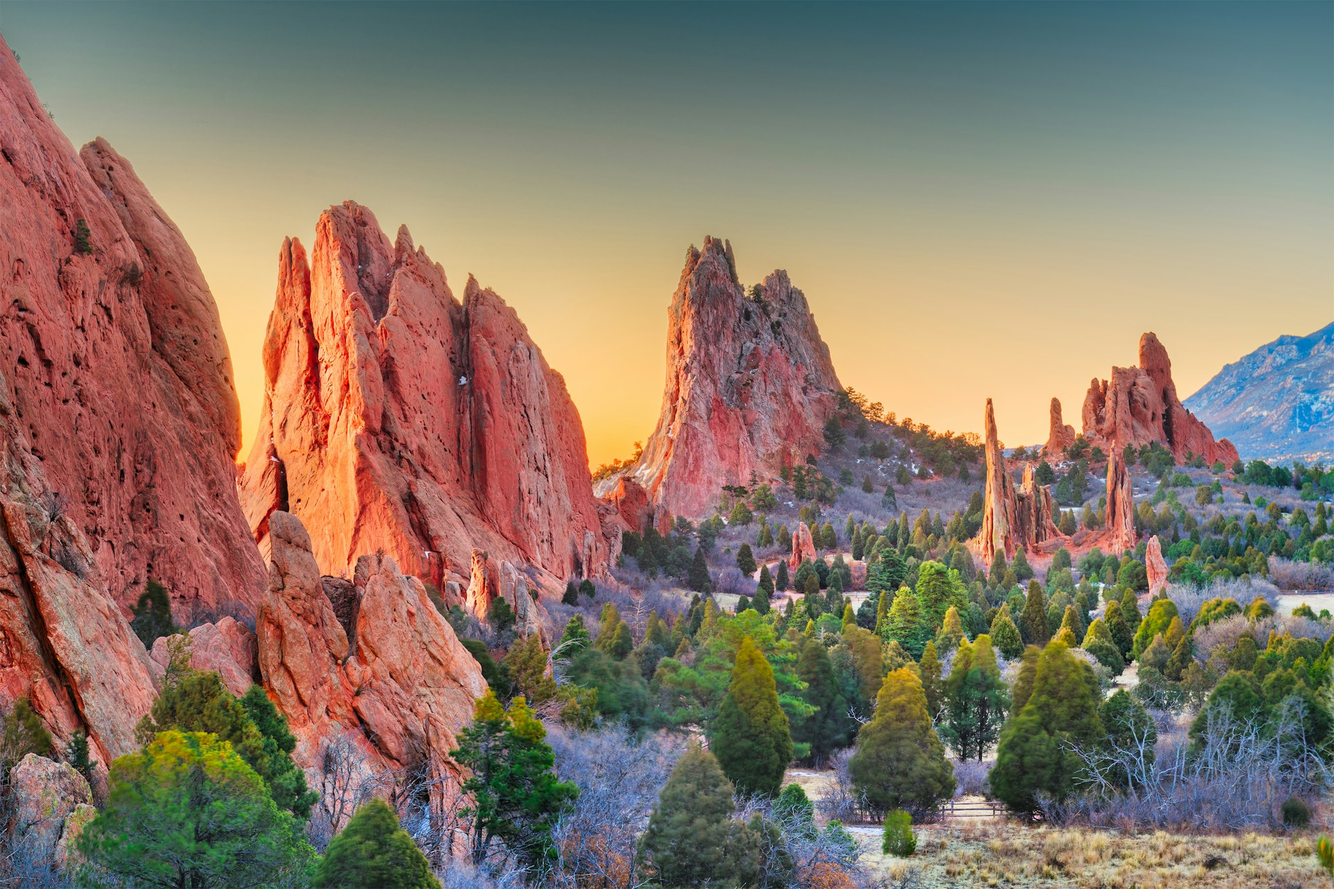 The soaring red rocks of Colorado's Garden of the Gods at magic hour
