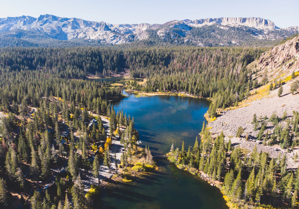 View of Twin Lakes, Lake George, the southeastern slope of Mammoth Mountain, Mono County, eastern California, eastern Sierra Nevada, Inyo National Forest, shot from drone, summer view View of Twin Lakes, Lake George, the southeastern slope of Mammoth Mountain, Mono County, eastern California, eastern Sierra Nevada, Inyo National Forest, shot from drone, summer view