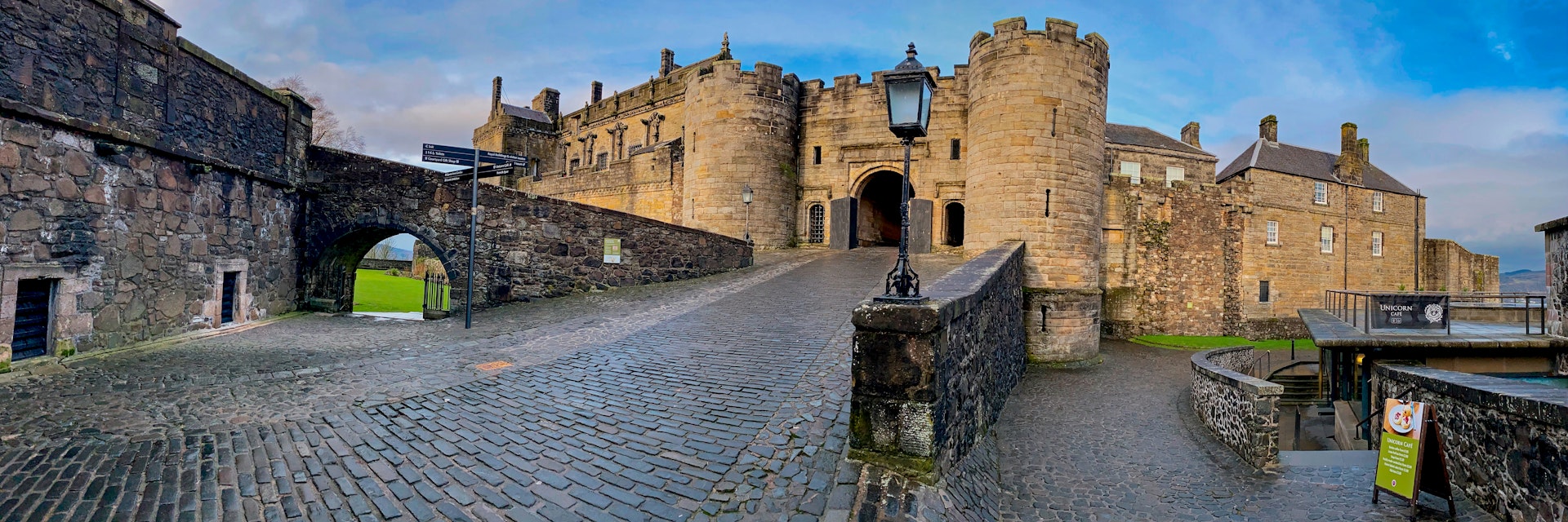 Stirling, Scotland, United Kingdom – December 20, 2019: Stirling Castle is a fortified wall sitting atop Castle Hill and is part of the Stirling Sill, a quartz-dolerite formation millions of years old. Records date it back to the early 12th century and the inner grounds are home to replicas of the famous Unicorn Tapestries. The castle offers spectacular views of Stirling from the Outer Defences.