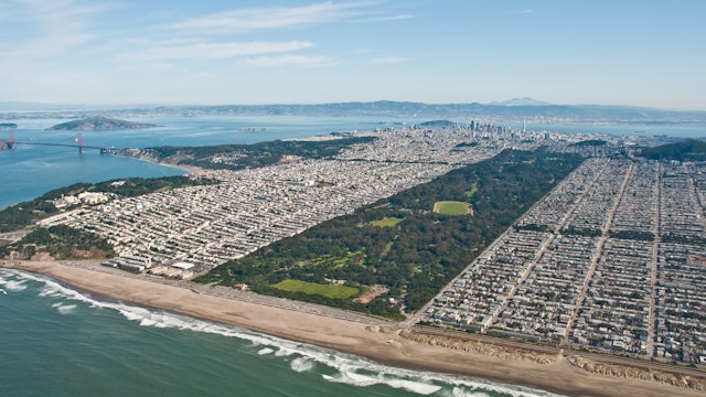 An aerial view of Golden Gate Park from the Pacific Ocean. Golden Gate Park is the third most visited city park in the US.