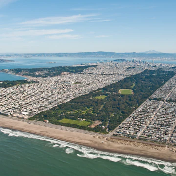An aerial view of Golden Gate Park from the Pacific Ocean. Golden Gate Park is the third most visited city park in the US.
