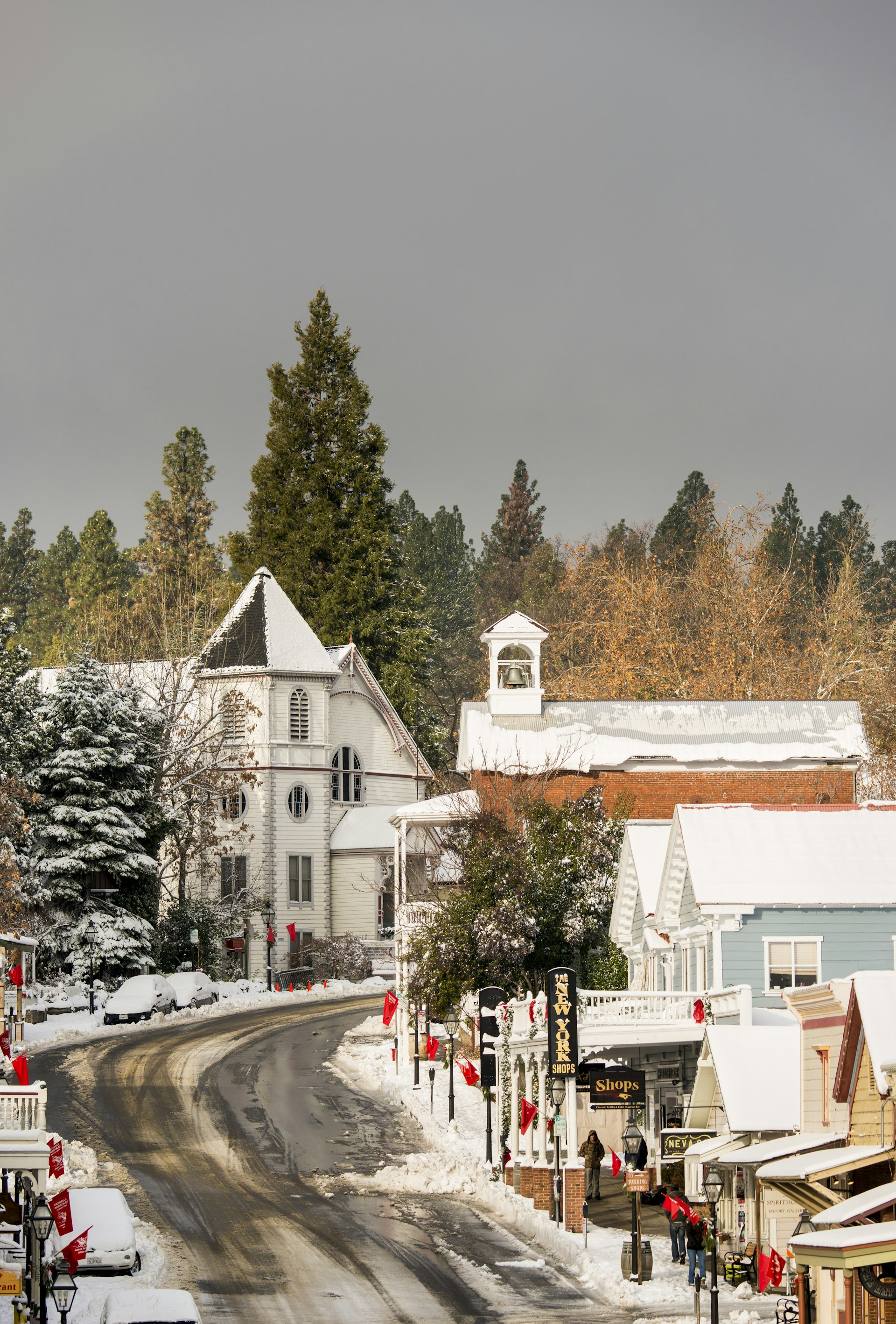 Snow covering historic Nevada City, California