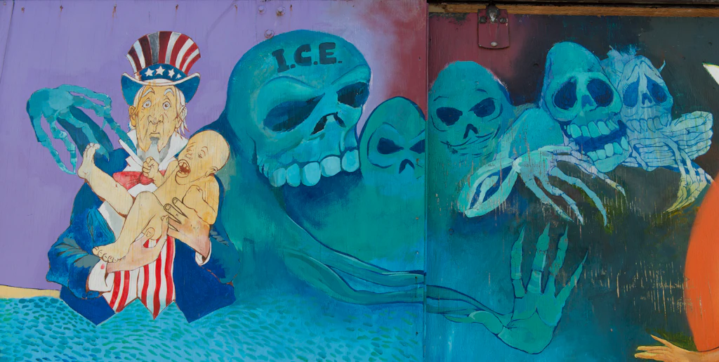 Detail of mural Enrique Journey by artist Josue Rojas, located in Balmy Alley, San Francisco, Califo