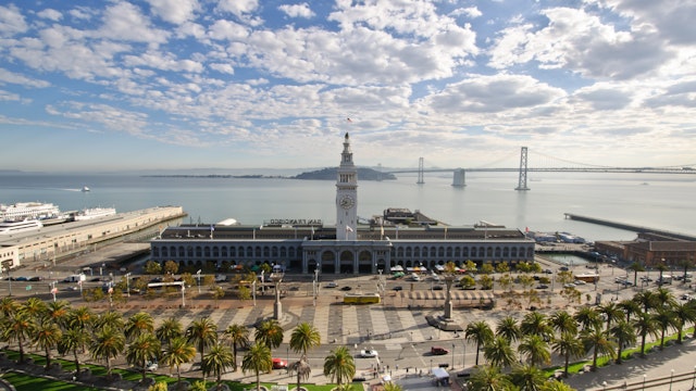High-angle view of the San Francisco Ferry Building during the morning.