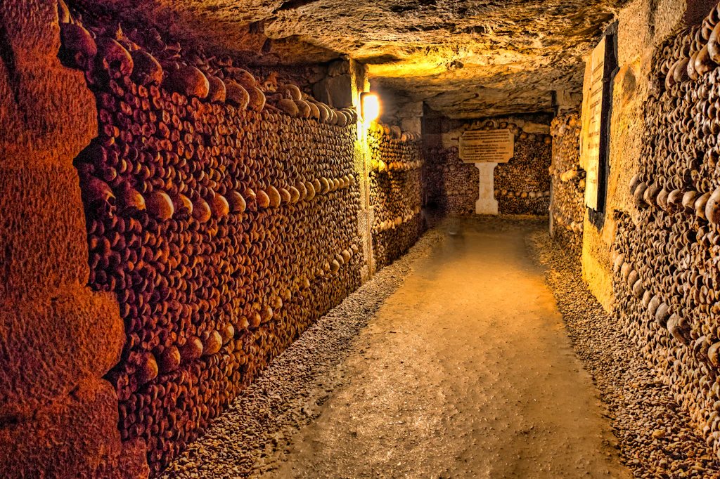 Paris Catacombs Skulls and bones like the walls of the Paris Catacombes.