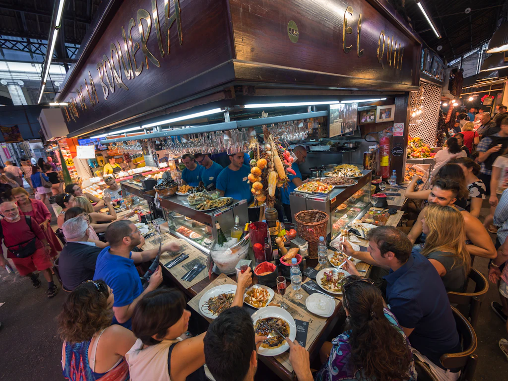 A tapas bar in Mercat de la Boqueria, Barcelona A tapas bar in Mercat de la Boqueria, Barcelona