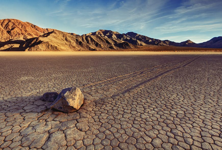 Sailing stones and their paths on the floor of The RaceTrack Playa in Death Valley National Park in California.