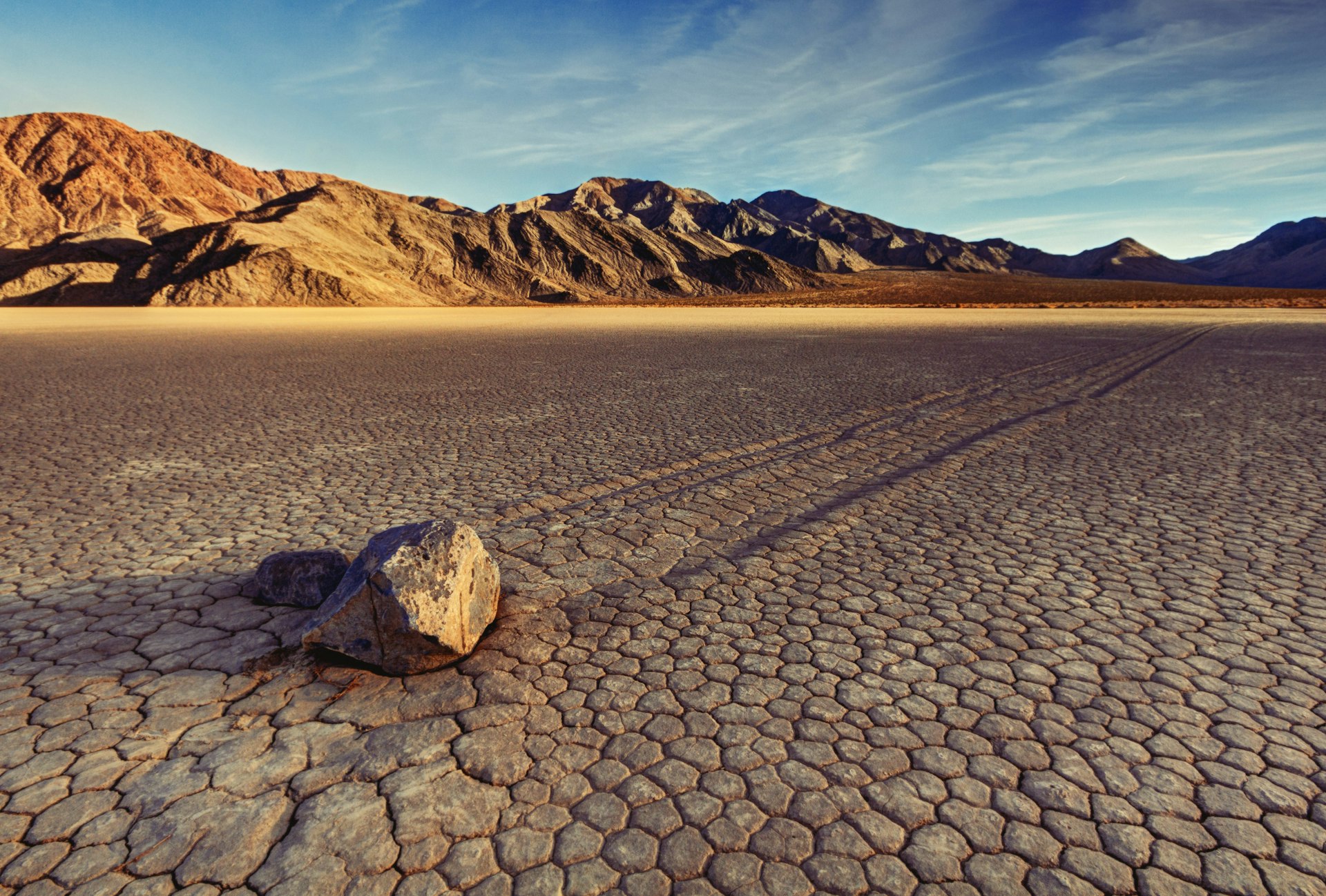 Sailing stones and their paths on the floor of The RaceTrack Playa in Death Valley National Park in California.
