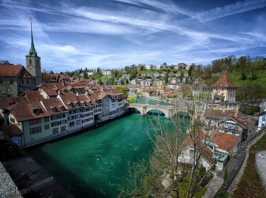 A bridge spans the Aare River in Bern, Switzerland