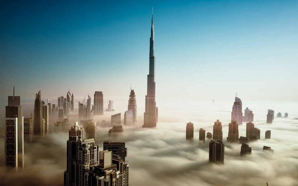 Skyline of Dubai in early morning fog