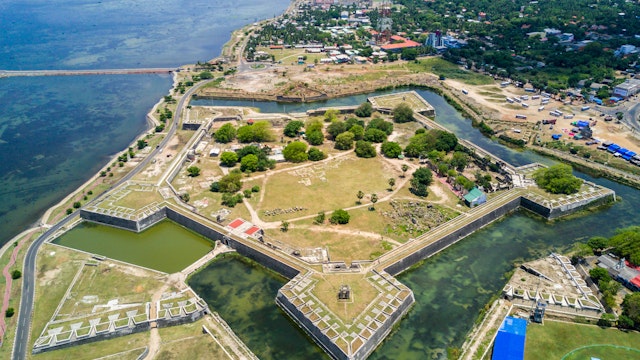Jaffna Fort, built by the Portuguese near Karaiyur at Jaffna, Sri Lanka in 1618 under Phillippe de Oliveira following the Portuguese invasion of Jaffna. Fortress of Our Lady of Miracles of Jafanapatao
