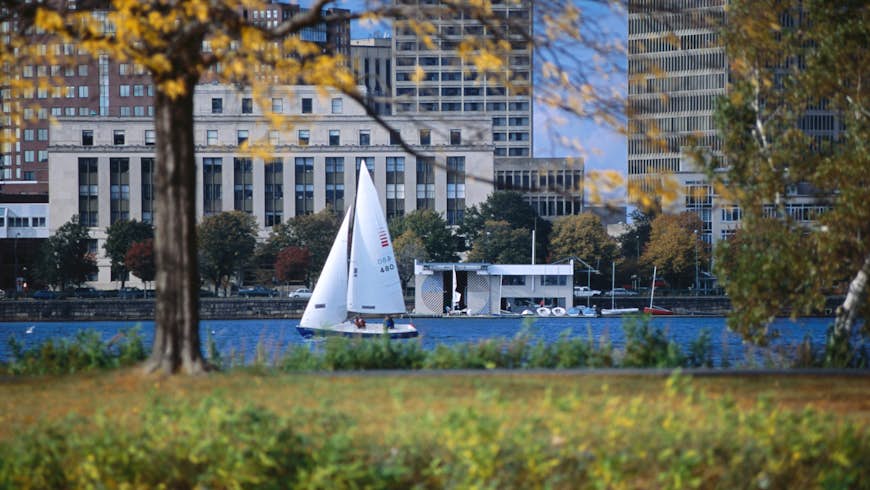 A sailboat off the Esplanade on the Charles River in Boston
