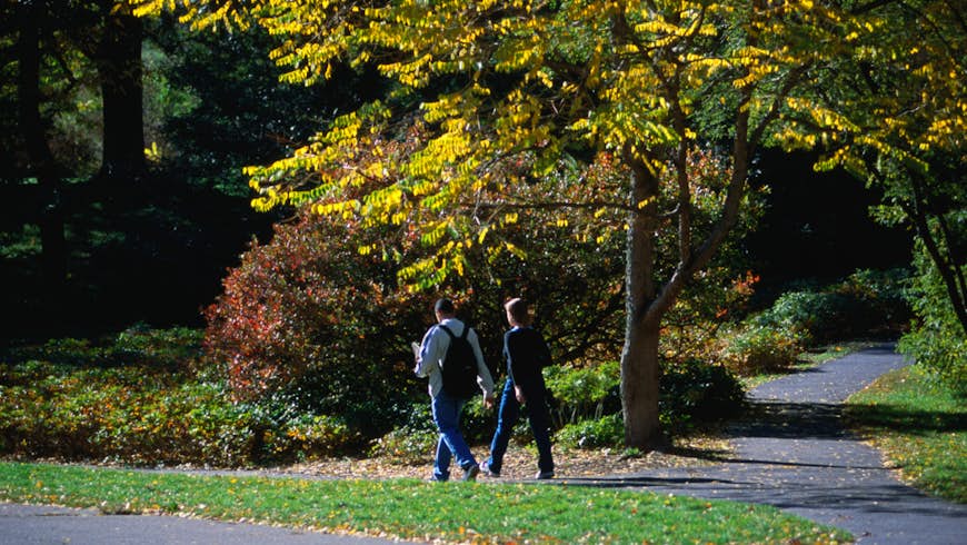 Two people walk in Arnold Arboretum, Boston