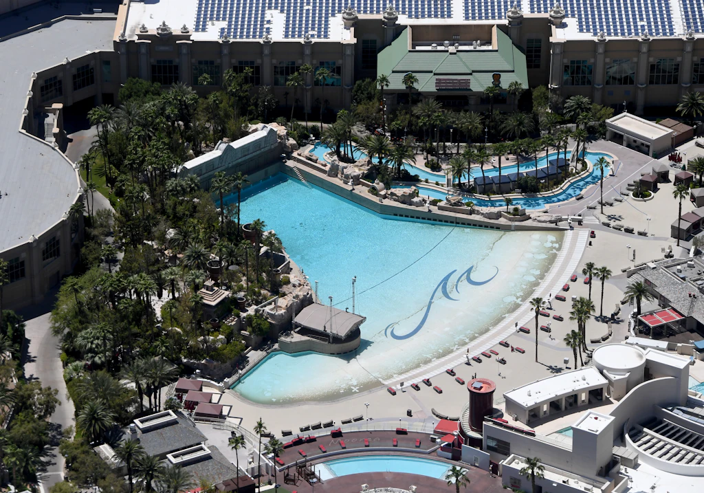  An aerial view shows an empty pool complex at Mandalay Bay Resort and Casino, which has been closed since March 17 in response to the coronavirus (COVID-19) pandemic on May 21, 2020 in Las Vegas, Nevada