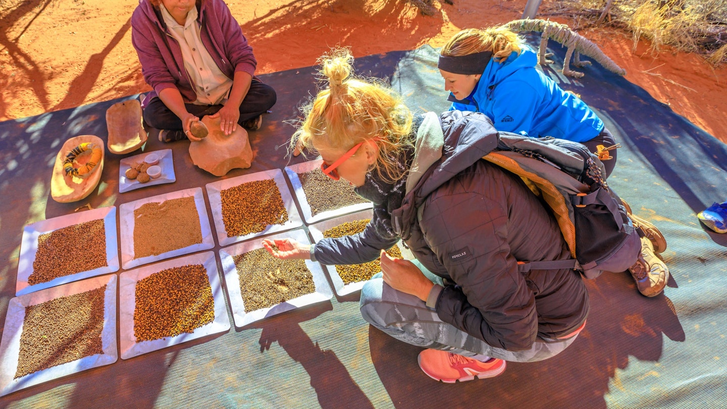 Kings Creek, Australia - Aug 21, 2019: tourists experiencing the culture of Australian Aboriginal people showing the traditional bush seeds used for food and agriculture at Karrke Aboriginal tour.; Shutterstock ID 1780914998; your: Ben Buckner; gl: 65050; netsuite: Client Services; full: Northern Territory Sustainable