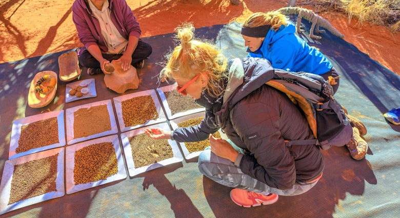 Kings Creek, Australia - Aug 21, 2019: tourists experiencing the culture of Australian Aboriginal people showing the traditional bush seeds used for food and agriculture at Karrke Aboriginal tour.; Shutterstock ID 1780914998; your: Ben Buckner; gl: 65050; netsuite: Client Services; full: Northern Territory Sustainable