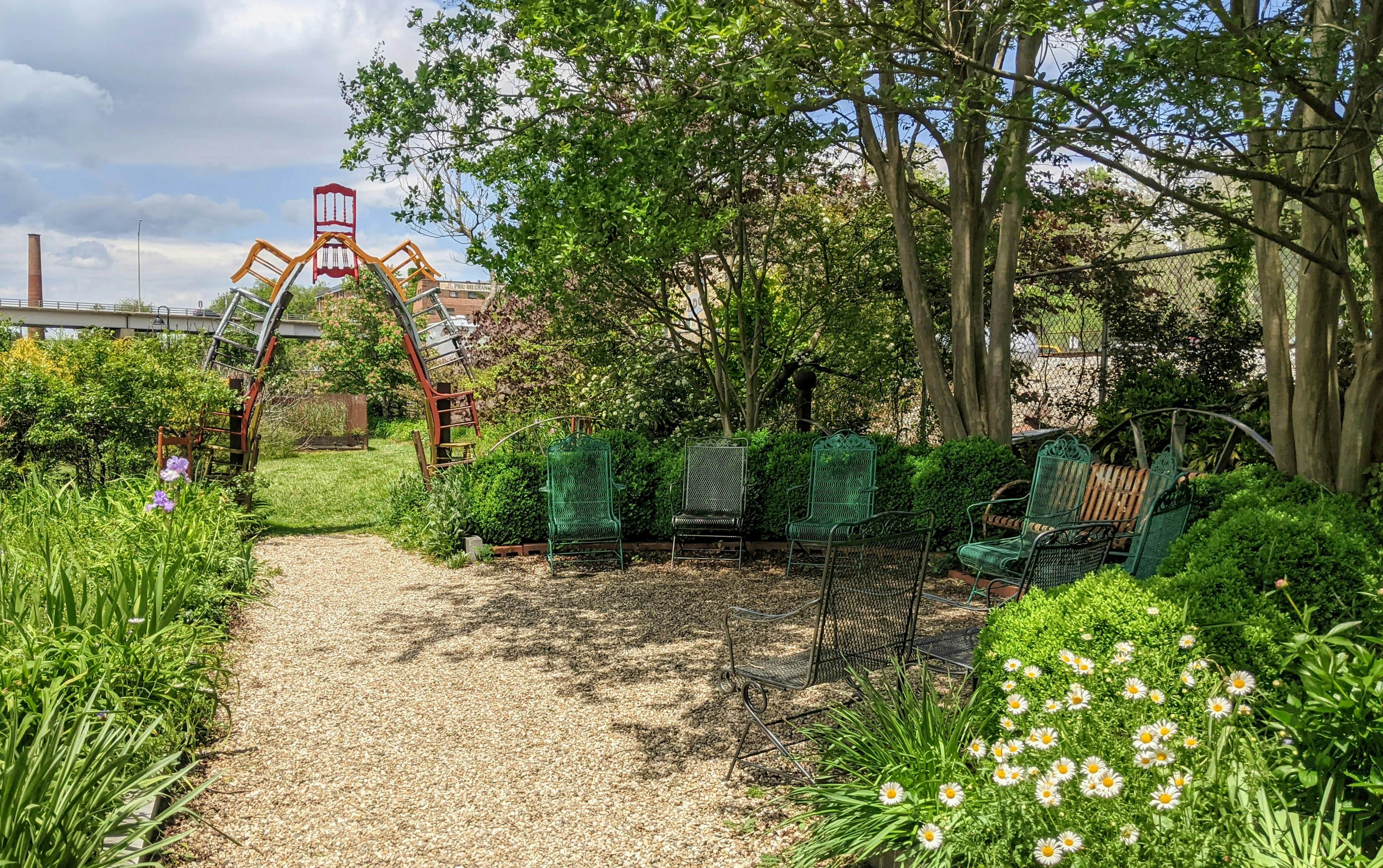The famous chair arch at the Silver River Center for Chair Caning in Asheville's hip River Arts District