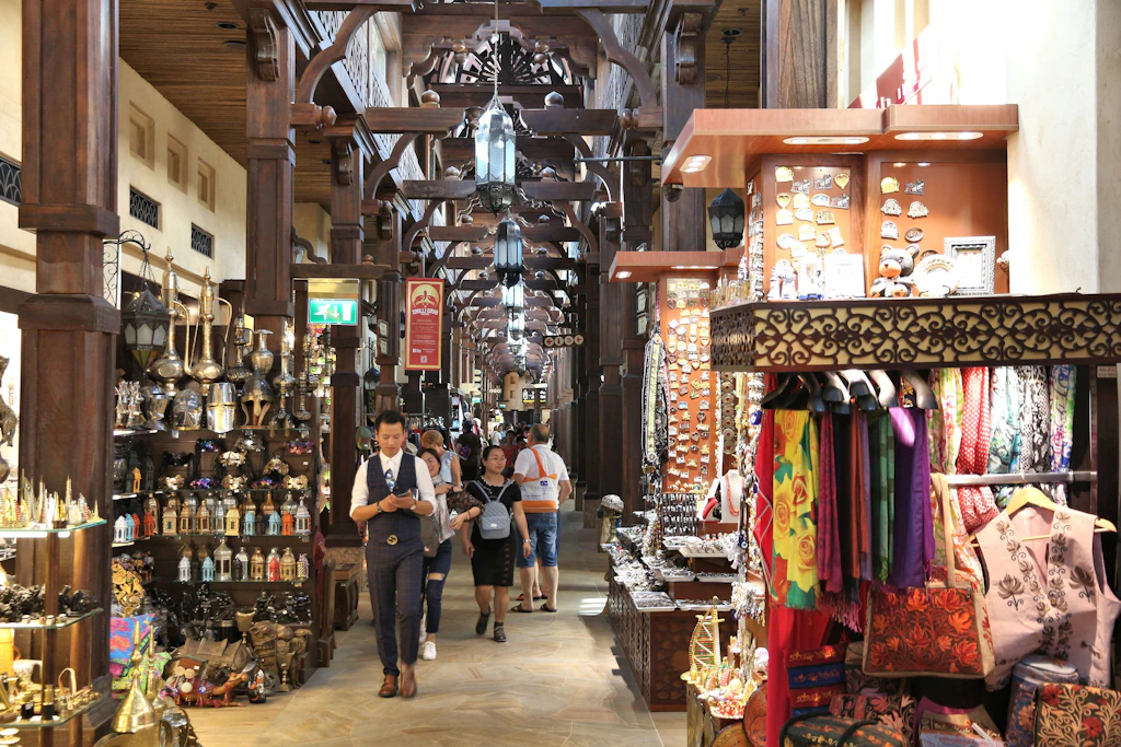 Souk Madinat Jumeirah in Dubai People shopping at Souk Madinat Jumeirah in Dubai