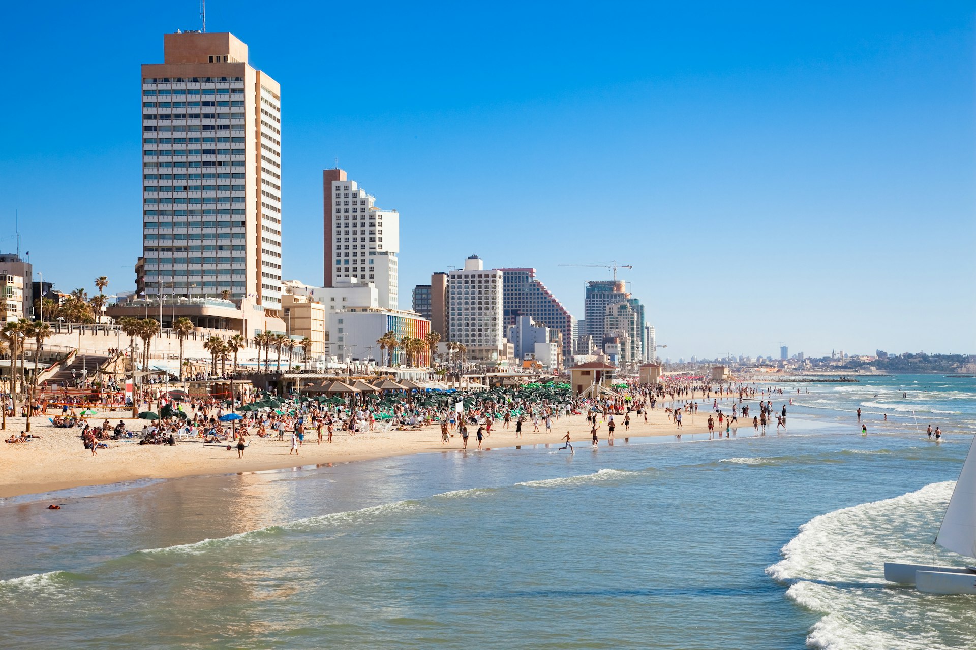 Panoramic view of the Tel-Aviv public beach on Mediterranean sea