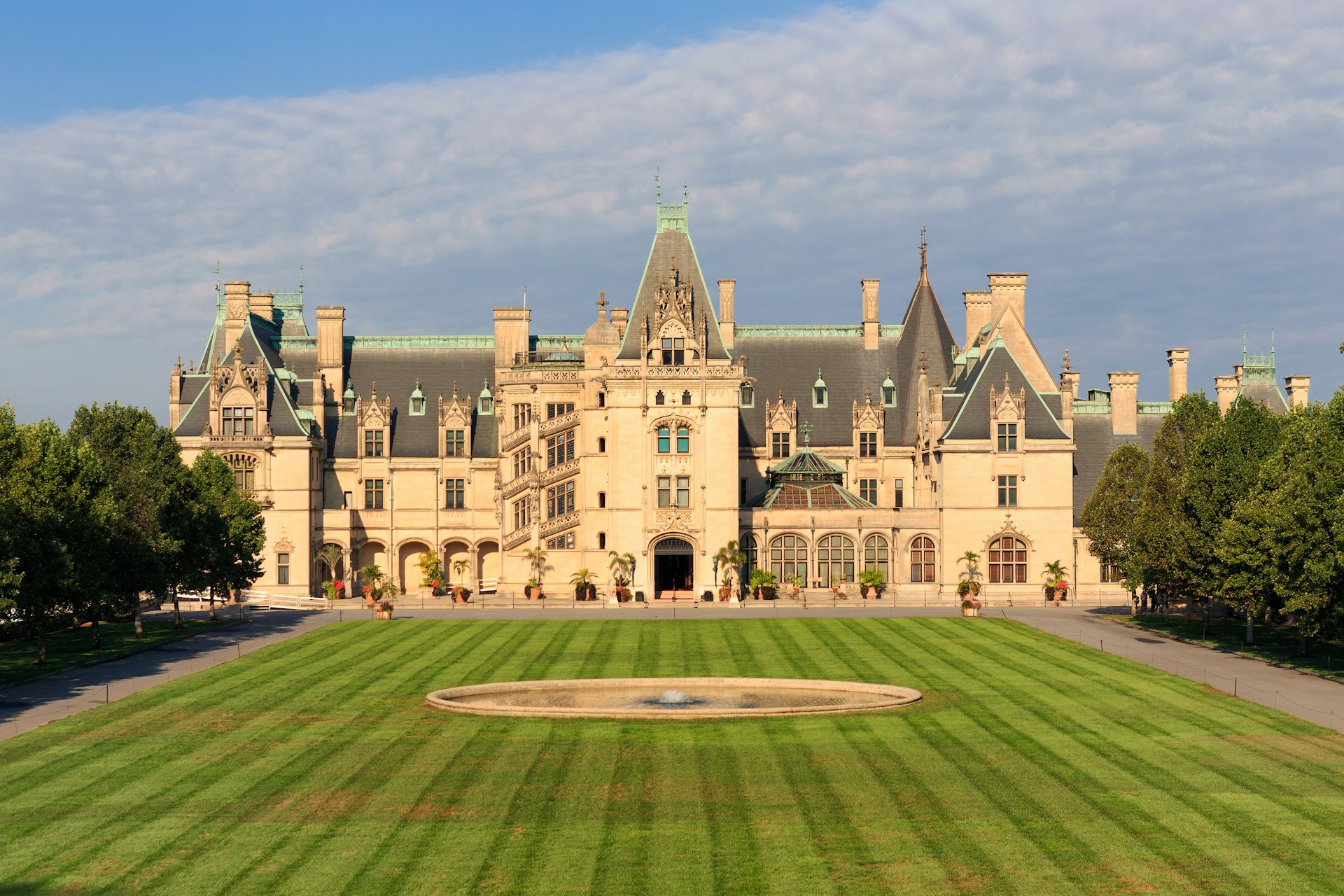 Exterior of the Biltmore Estate and its large lawn in Asheville