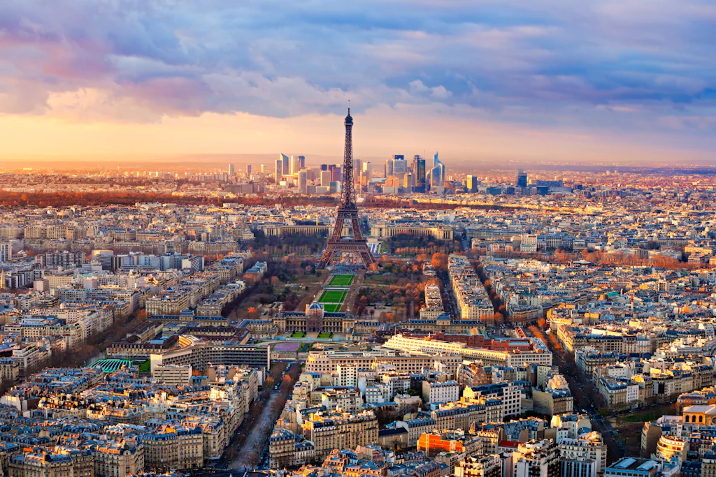 shutterstockRF_122085496.jpg Aerial view of Paris at sunset.