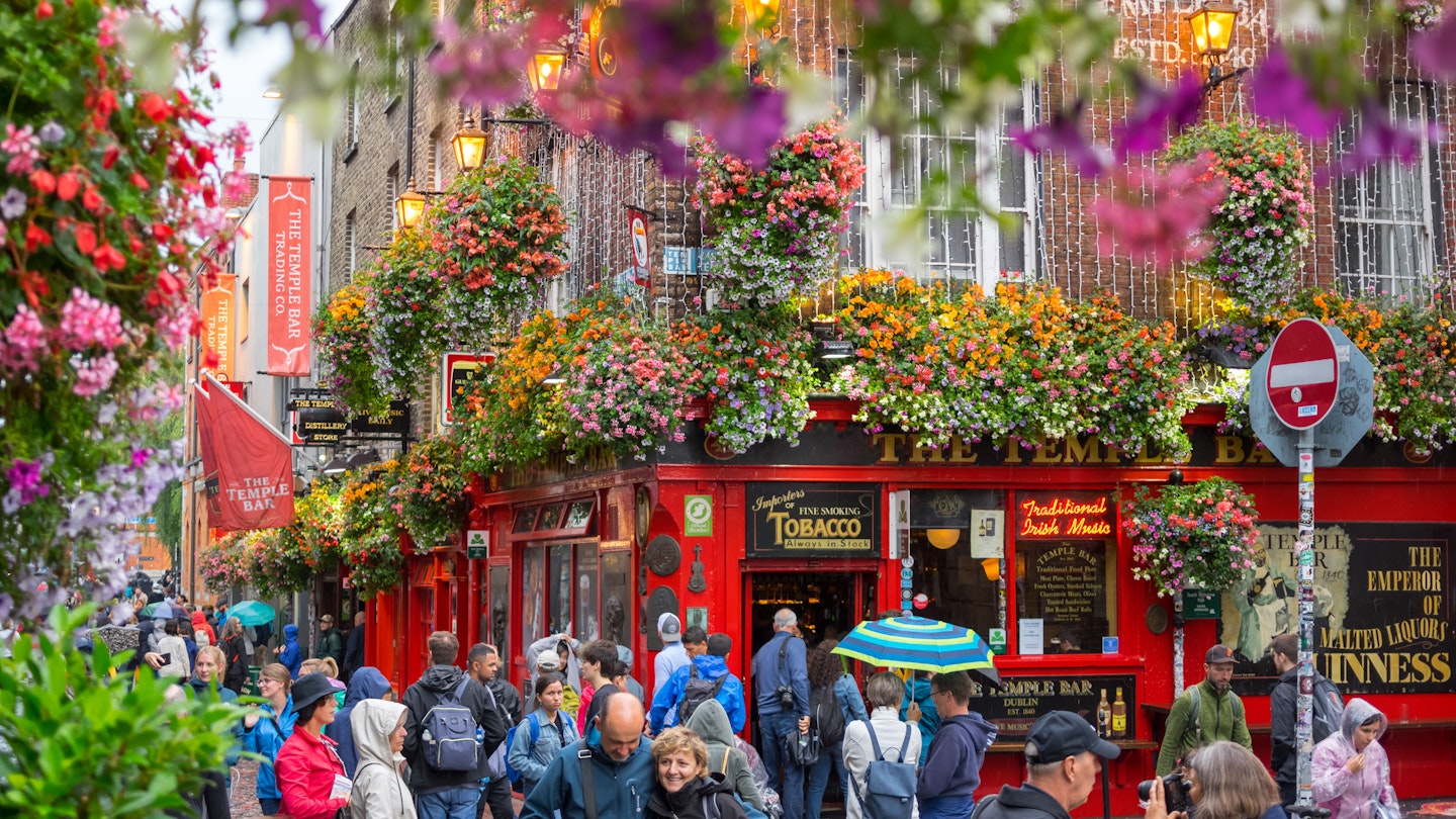 JULY 30, 2019: Crowd of people outside The Temple Bar.