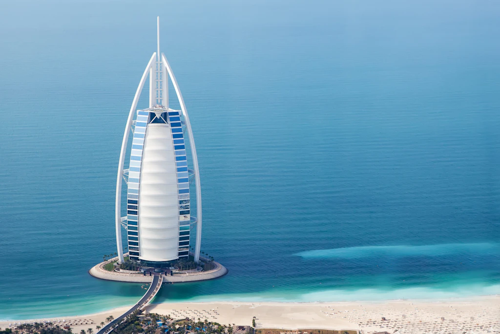 View of Gulf behind Burj Al Arab in Dubai, United Arab Emirates