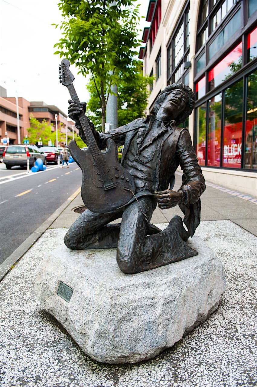 A bronze statue of Jimi Hendrix stands in the Capitol Hill neighborhood