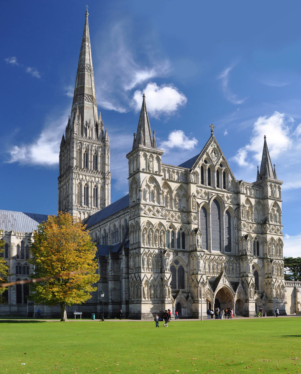 Salisbury Cathedral The exterior of a huge Gothic-style cathedral building with an exceptionally tall spire
