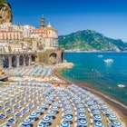 High-angle view of umbrellas on the beach at Atrani on the Amalfi Coast.