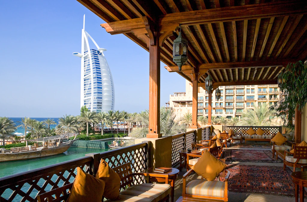 Open-air bar-restaurant in Madinat Jumeirah, with the Burj Al Arab in the background