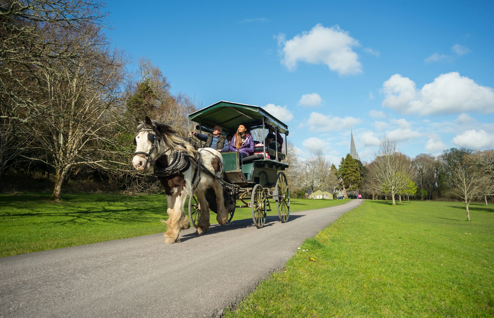 Tourists enjoying a jaunting-car (horse-drawn-carriage) tour through Killarney National Park, County Kerry, Ireland