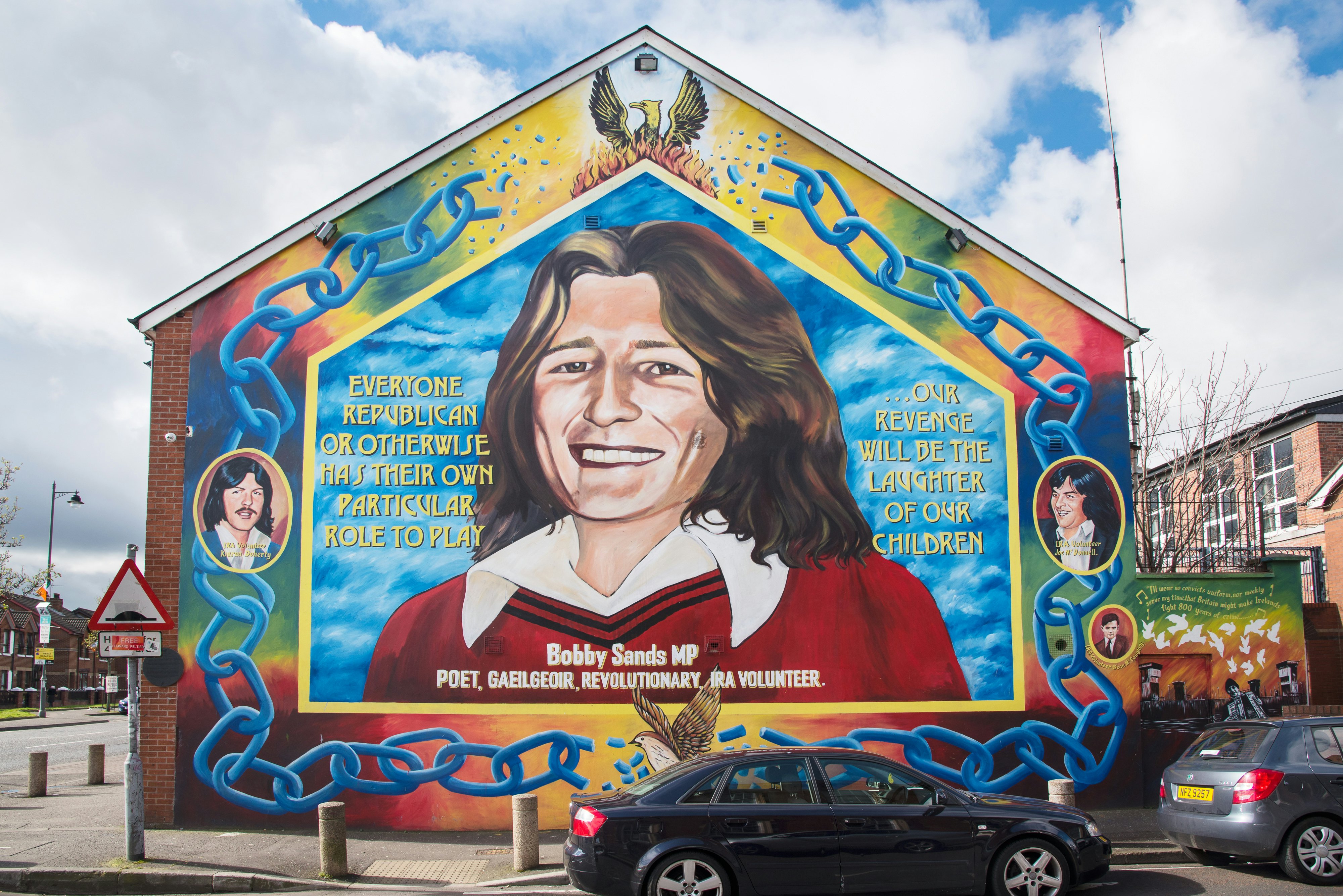 BELFAST, UK - 31 MAR 2016: Republican Mural featuring Bobby Sands on the Falls Road, Belfast.