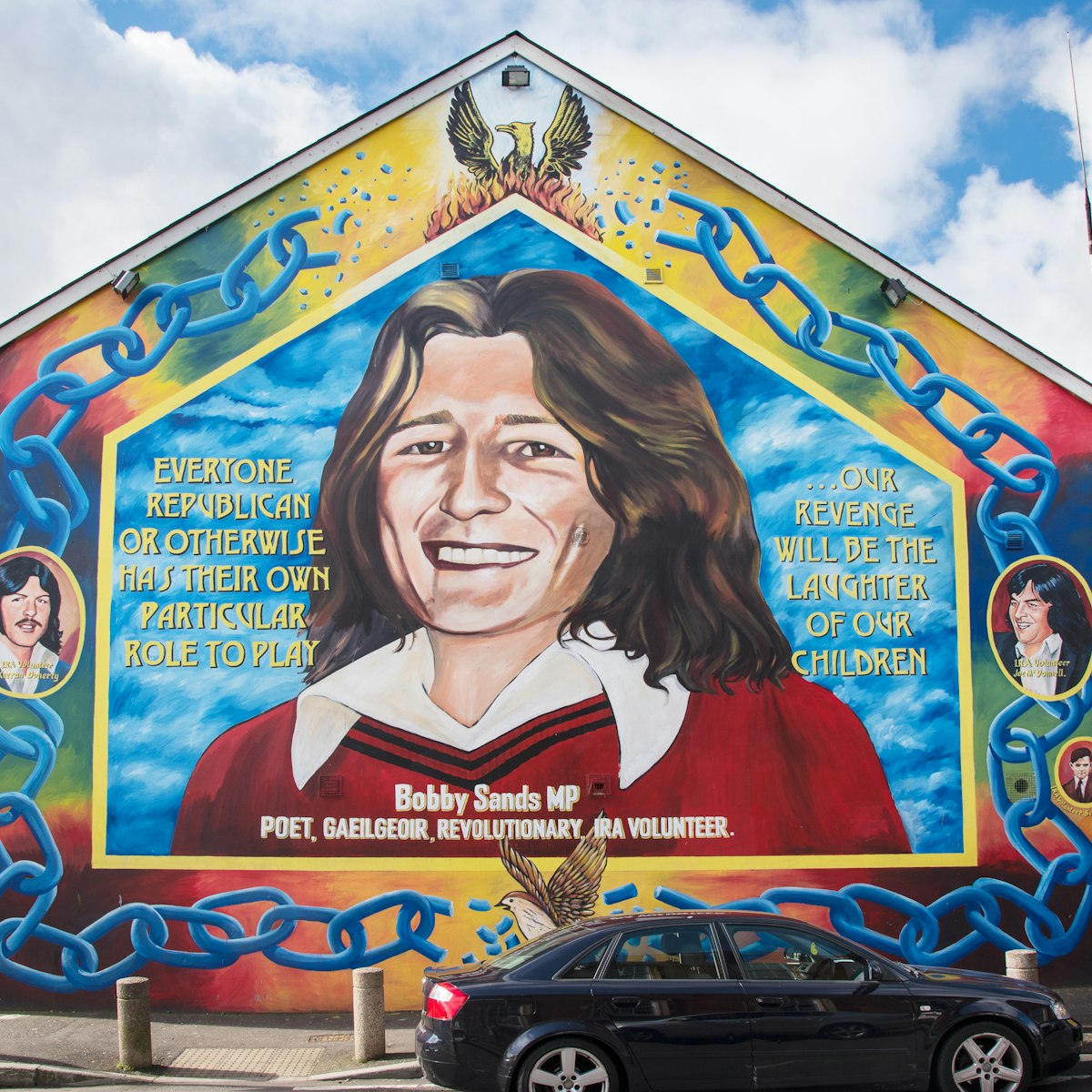 BELFAST, UK - 31 MAR 2016: Republican Mural featuring Bobby Sands on the Falls Road, Belfast.