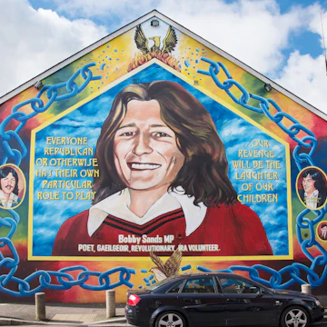 BELFAST, UK - 31 MAR 2016: Republican Mural featuring Bobby Sands on the Falls Road, Belfast.