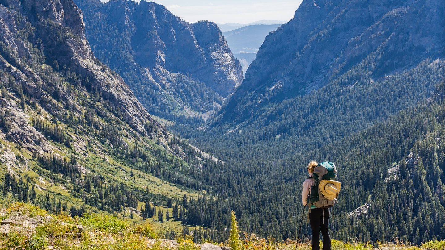 Female backpacker overlooking a valley in the Grand Teton National Park.