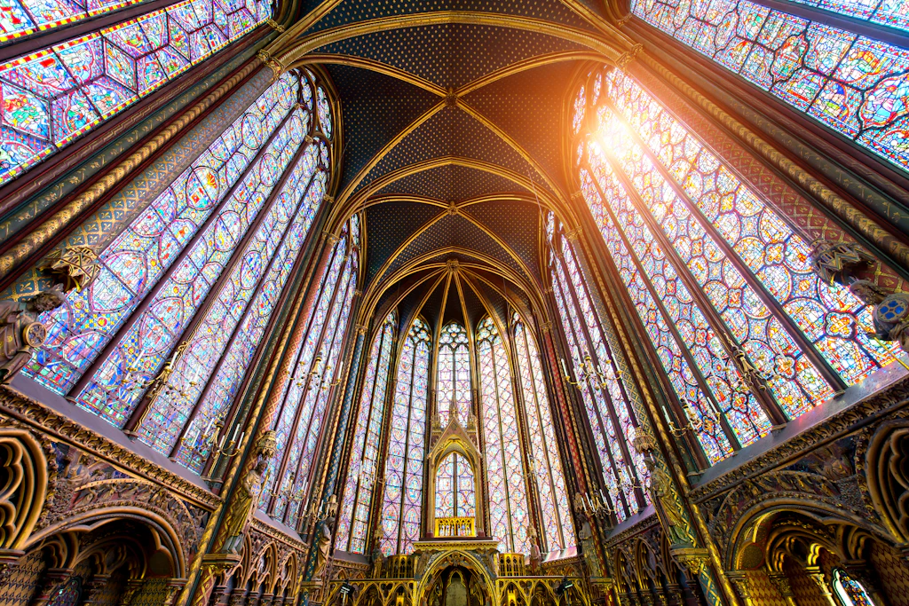 Beautiful interior of the Sainte-Chapelle's stained glass windows