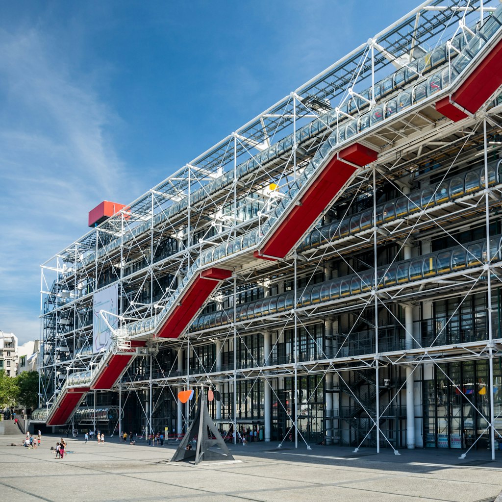 Paris, France - August 13, 2016: The Pompidou Centre is a complex building in the Beaubourg area of the 4th arrondissement. It houses the Public Information Library and the museum of Modern art.