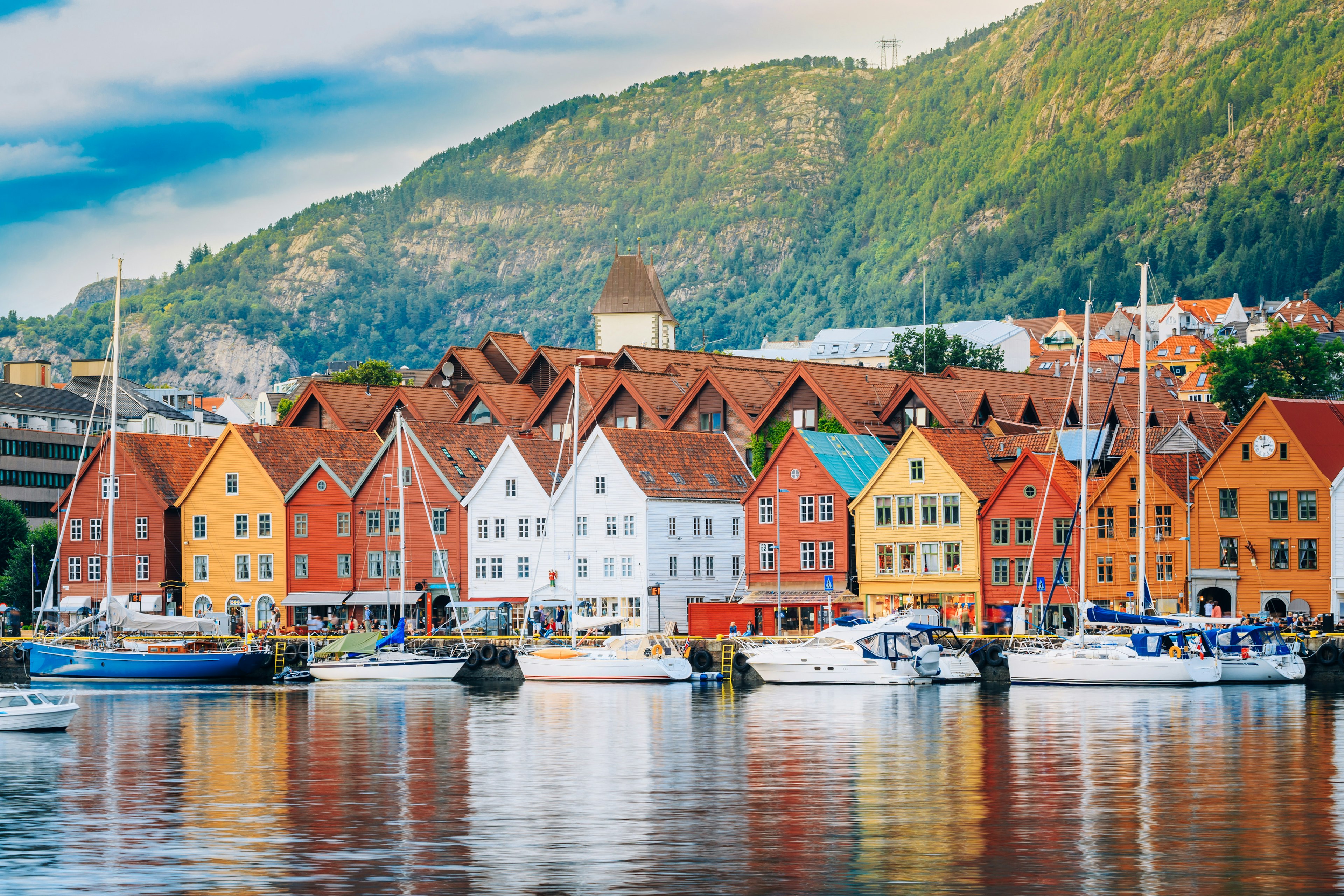 View of historical buildings in Bryggen- Hanseatic wharf in Bergen