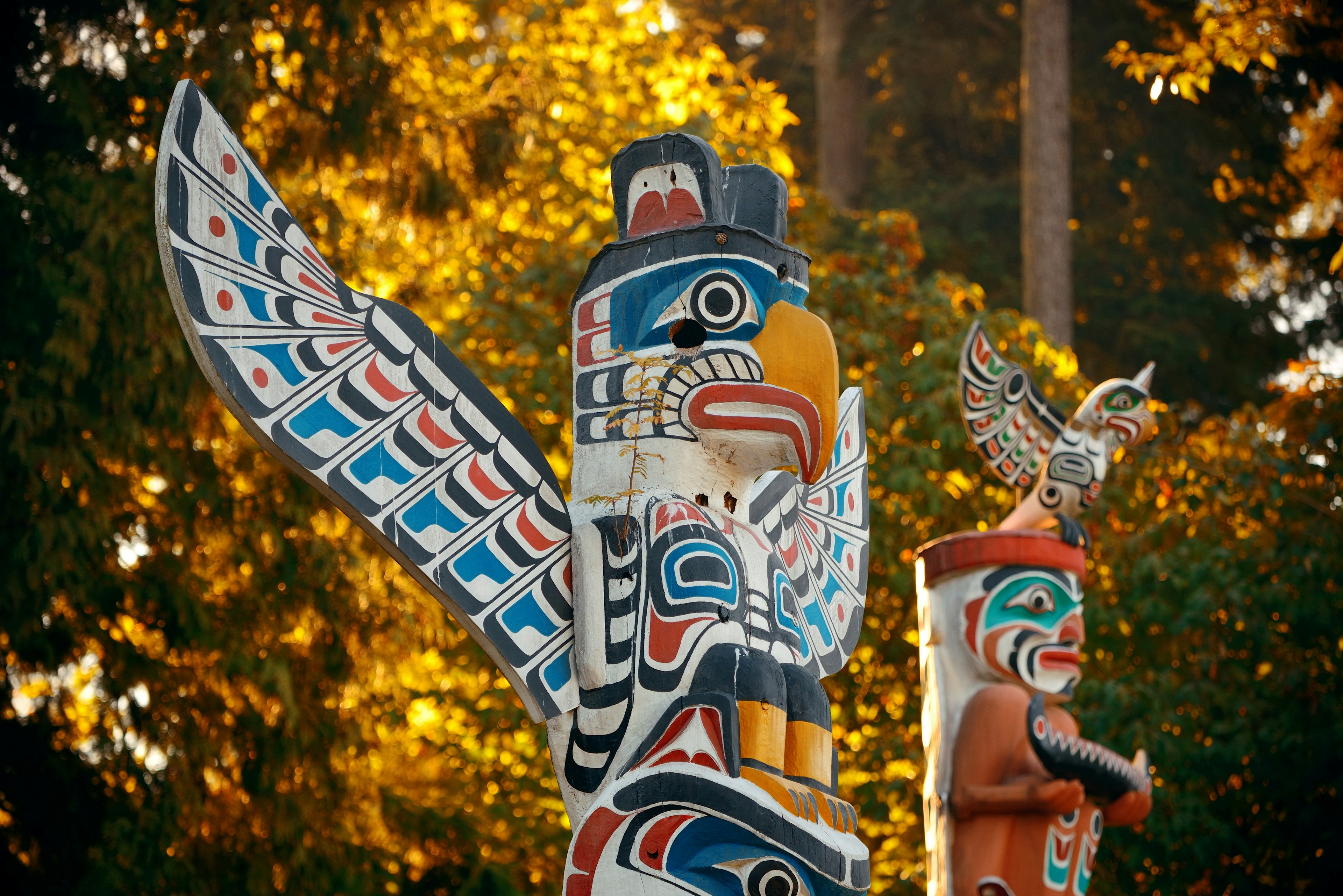 First Nations totem poles in Stanley park in Vancouver, Canada.