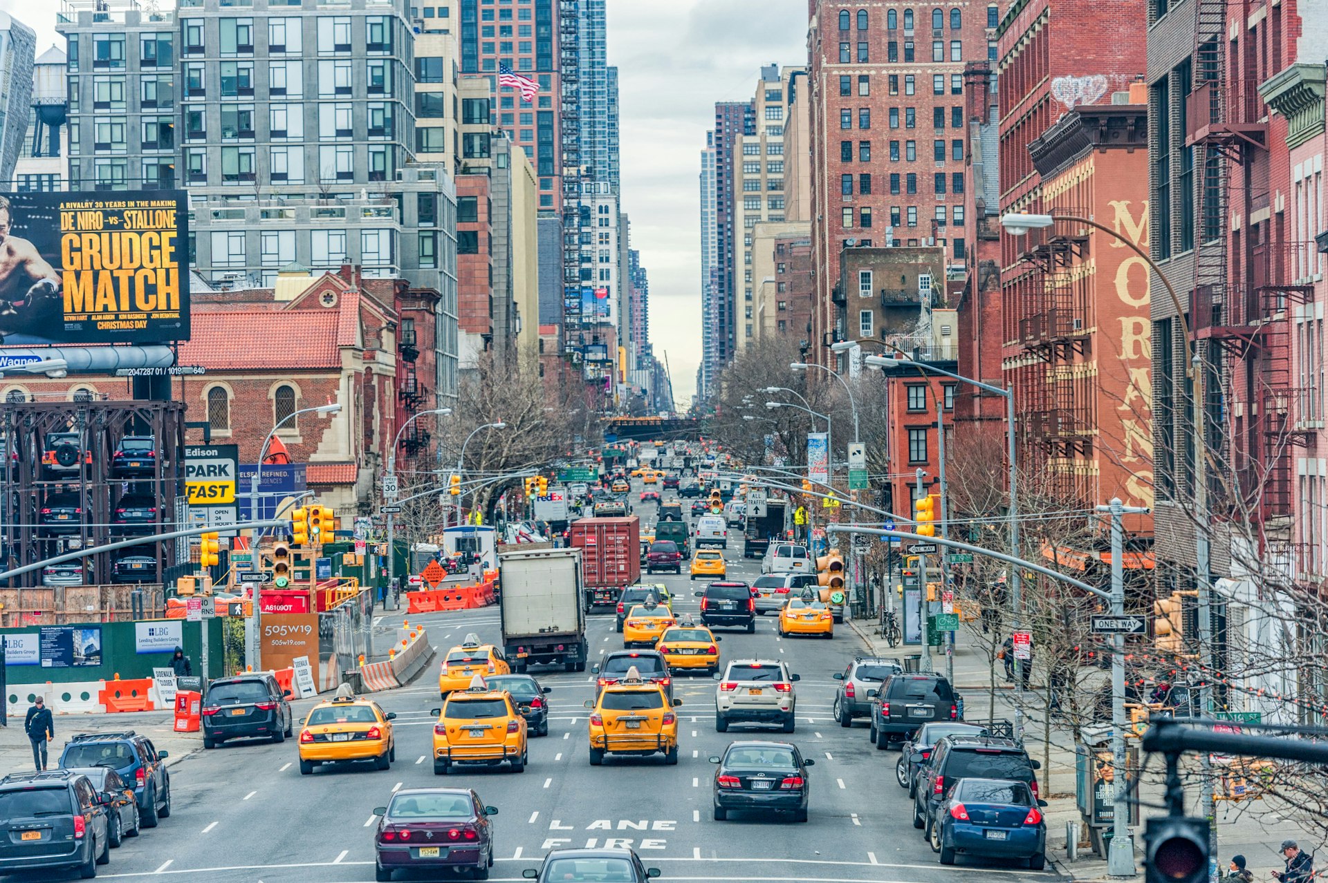 Cars and cabs in the street in Manhattan.