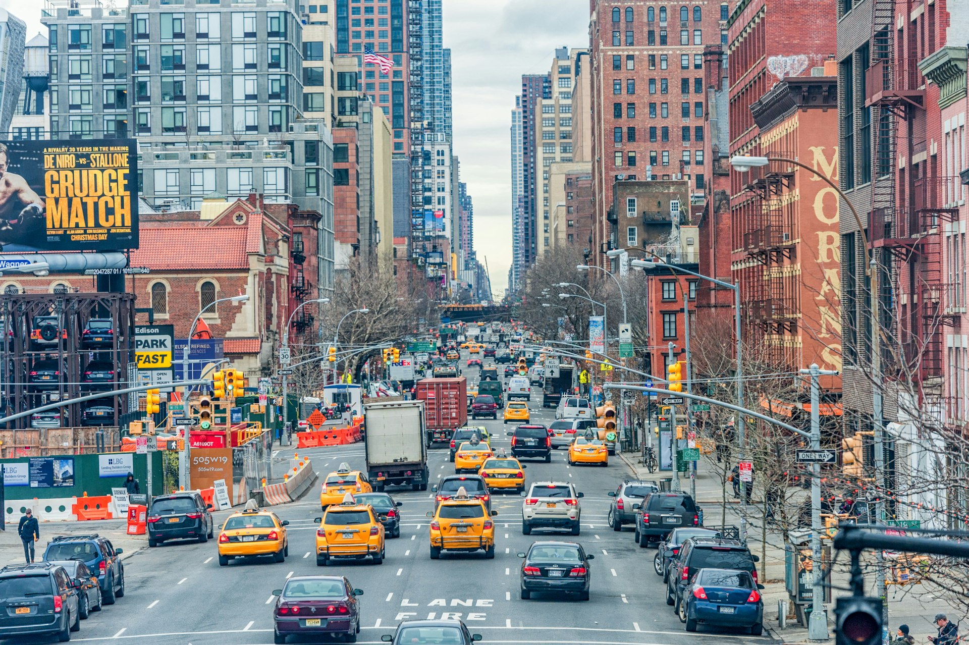 Cars and cabs in the street in Manhattan. 