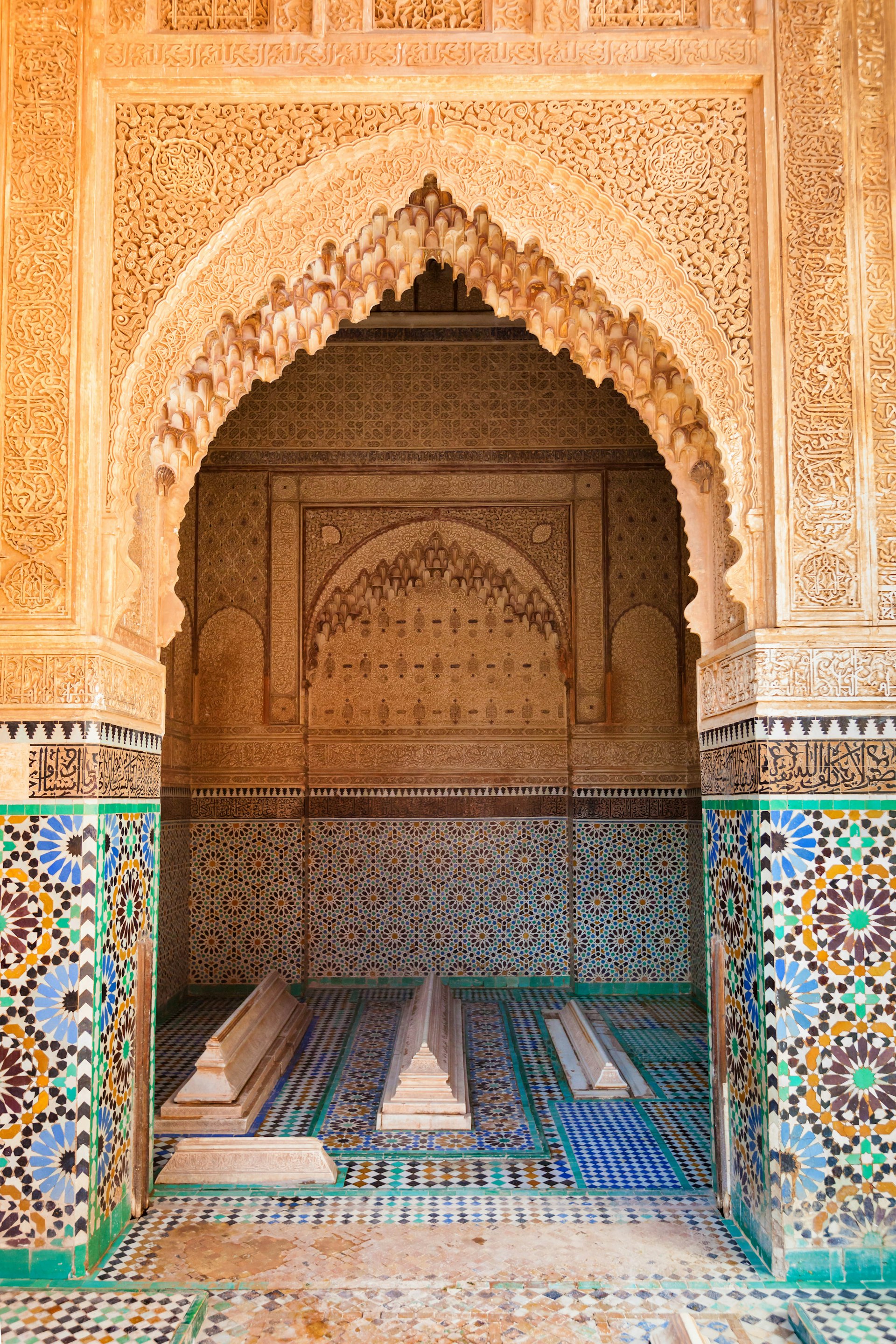 Tiled interior of the Saadian Tombs in Marrakesh, Morocco