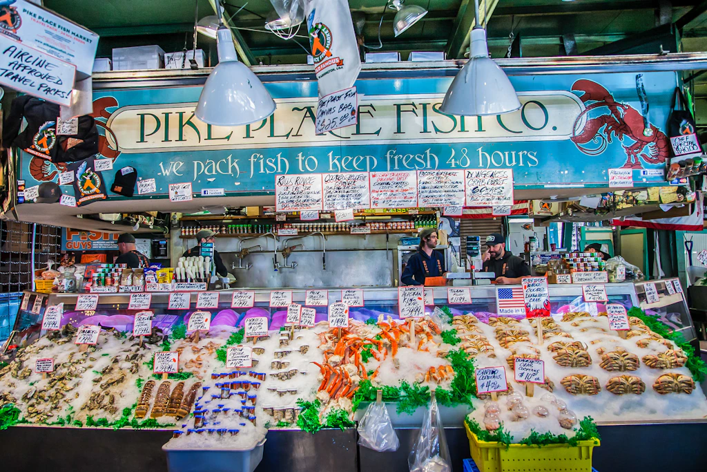  Fresh seafood on display at Pike Place Fish Co. in Pike Place Market. 