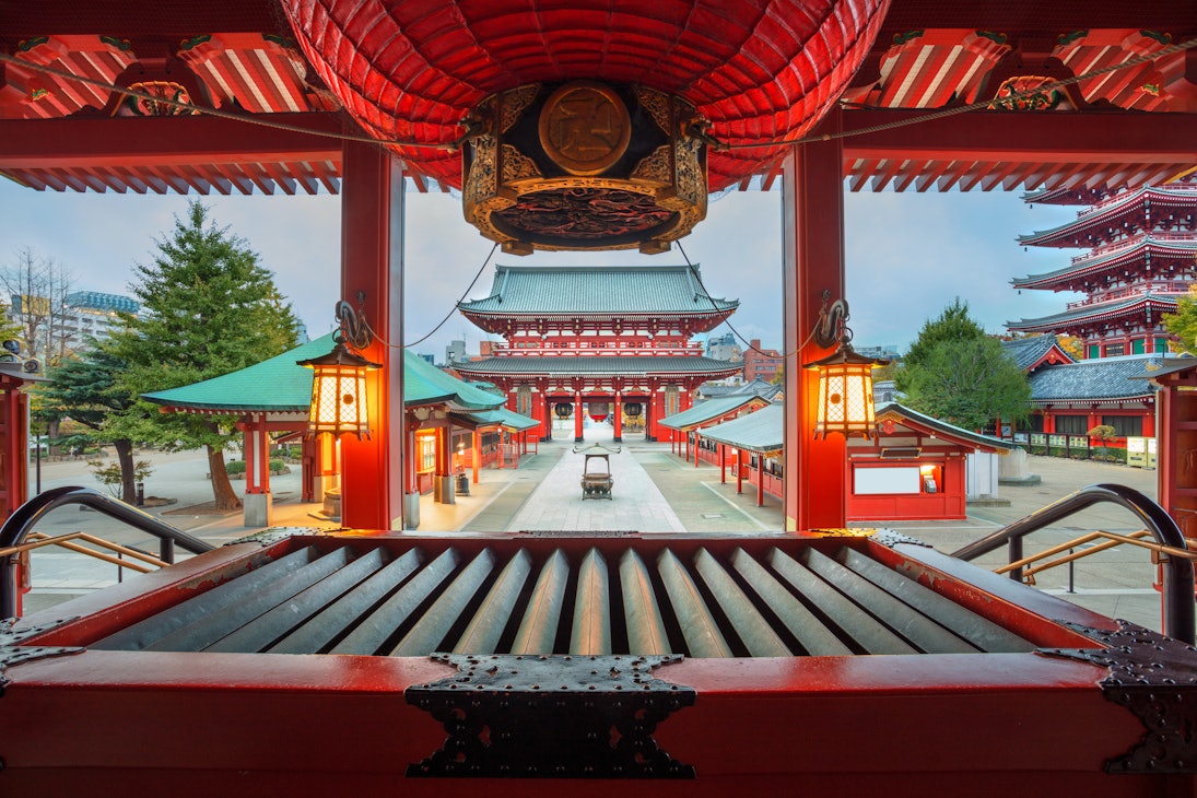 Sensoji Temple at dusk in Asakusa district.